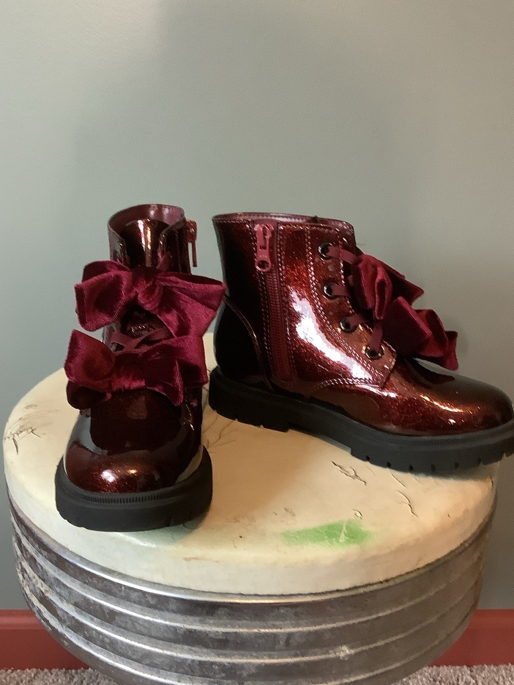 Cat & Jack Burgundy Patent Lace-Up Boots with Velvet Bows. Size 12.